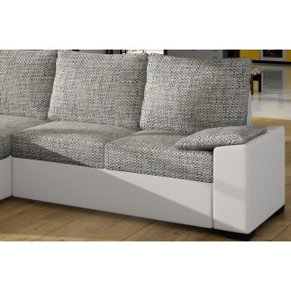 - Canapé d'angle convertible, en tissu gris et simili blanc, angle gauche (vu de face) - LUCAS