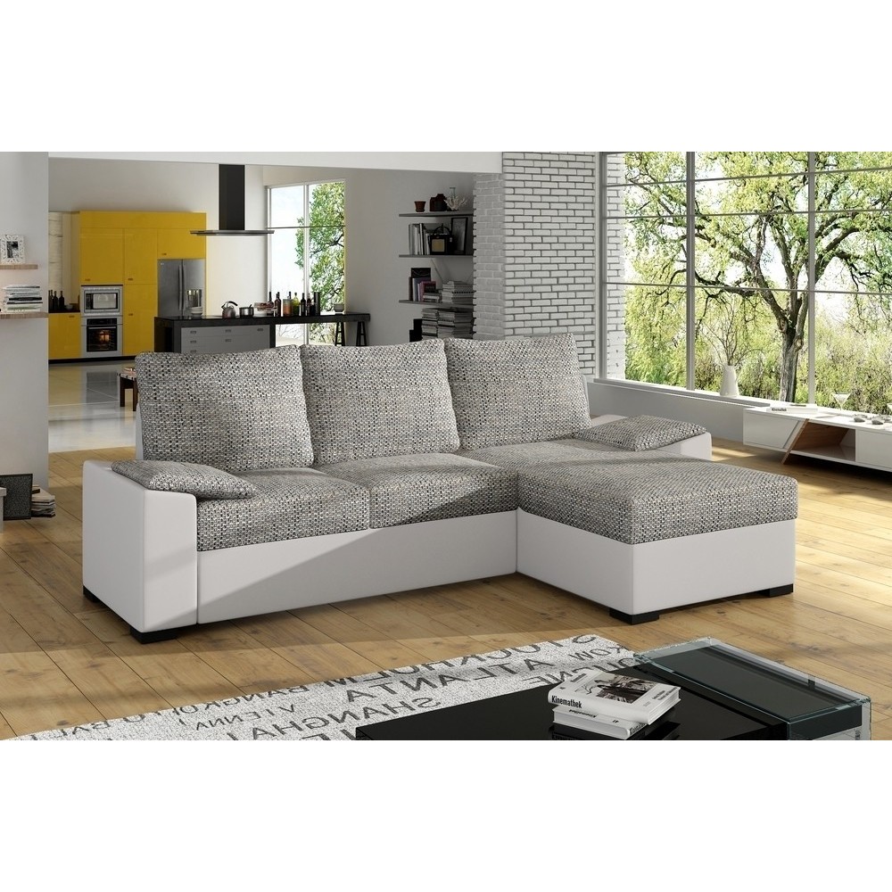Canapé d'angle convertible - en tissu gris et simili blanc, angle droit (vu de face) - LUCAS, 4 places Canapé d'angle convertible - en tissu gris et simili blanc, angle droit (vu de face) - LUCAS, 4 places
