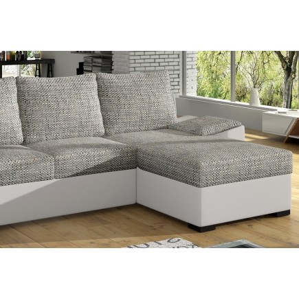 Canapé d'angle convertible - en tissu gris et simili blanc, angle droit (vu de face) - LUCAS, 4 places
