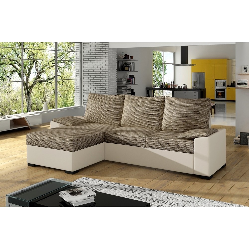 Canapé d'angle convertible - en tissu marron et simili beige, angle gauche (vu de face) - LUCAS, 4 places Canapé d'angle convertible - en tissu marron et simili beige, angle gauche (vu de face) - LUCAS, 4 places