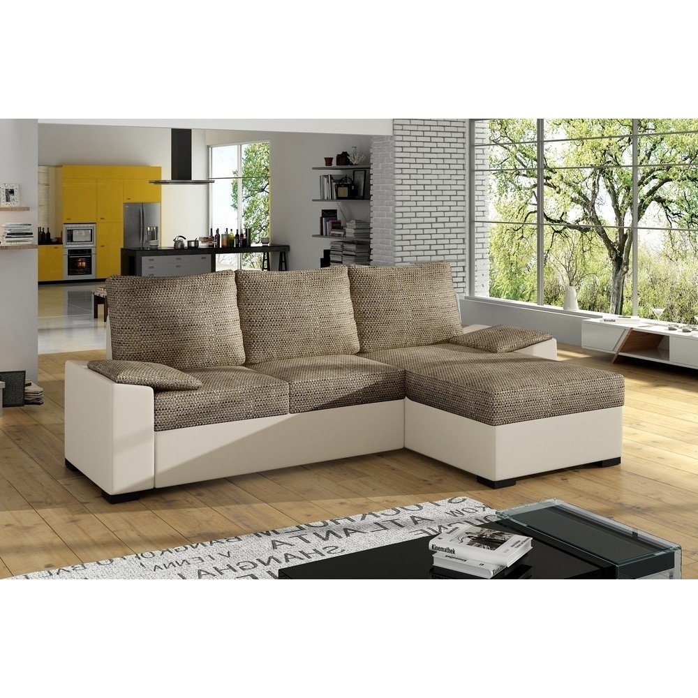 Canapé d'angle convertible - en tissu marron et simili beige, angle droit (vu de face) - LUCAS, 4 places Canapé d'angle convertible - en tissu marron et simili beige, angle droit (vu de face) - LUCAS, 4 places