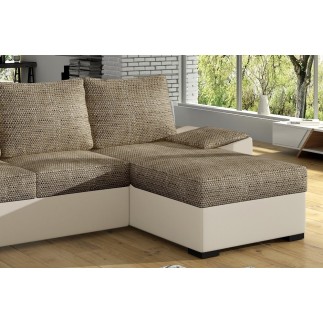 Canapé d'angle convertible - en tissu marron et simili beige, angle droit (vu de face) - LUCAS, 4 places