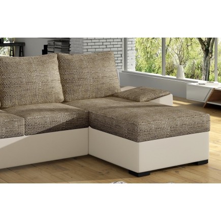 Canapé d'angle convertible - en tissu marron et simili beige, angle droit (vu de face) - LUCAS, 4 places