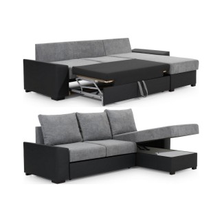 Canapé d'angle convertible - en tissu marron et simili beige, angle droit (vu de face) - LUCAS