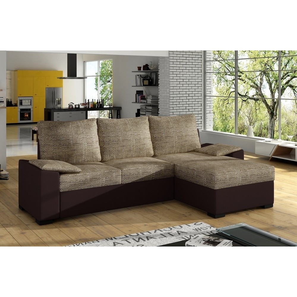 Canapé d'angle convertible - en tissu marron et simili chocolat, angle droit (vu de face) - LUCAS, 4 places Canapé d'angle convertible - en tissu marron et simili chocolat, angle droit (vu de face) - LUCAS, 4 places