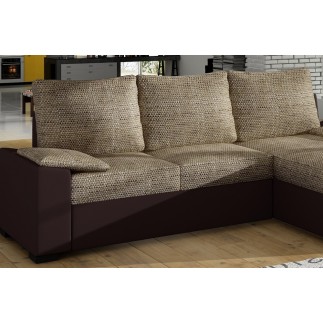 Canapé d'angle convertible - en tissu marron et simili chocolat, angle droit (vu de face) - LUCAS