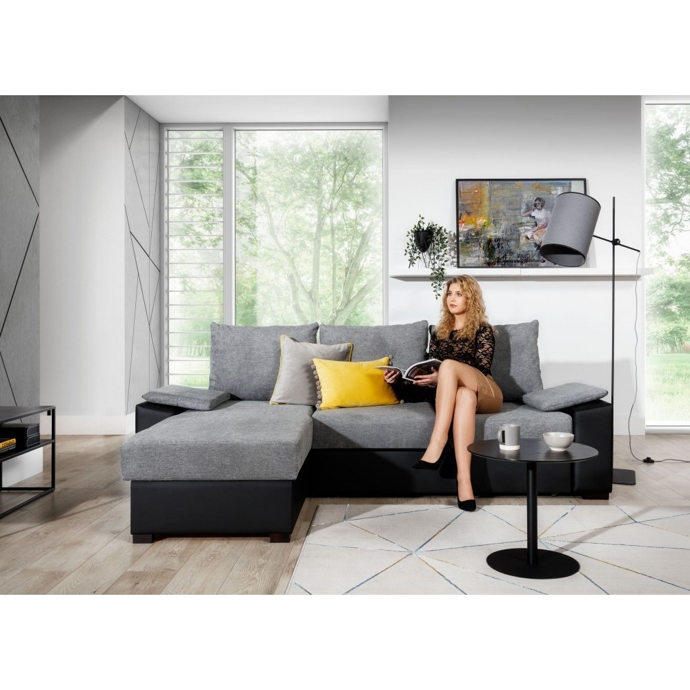 Canapé d'angle convertible, en tissu gris et simili noir - angle gauche (vu de face) - LUCAS, 4 places Canapé d'angle convertible, en tissu gris et simili noir - angle gauche (vu de face) - LUCAS, 4 places