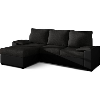 Canapé d'angle convertible, en tissu noir et simili noir - angle gauche (vu de face) - LUCAS