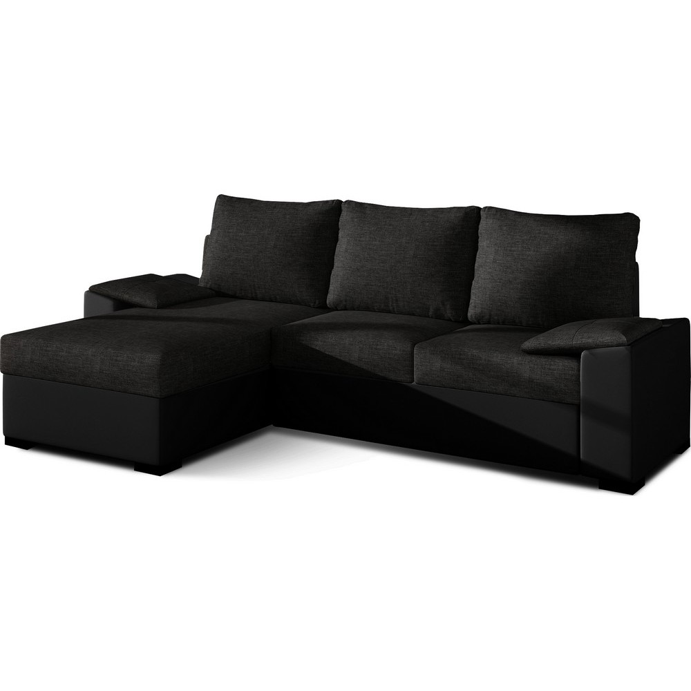 Canapé d'angle convertible, en tissu noir et simili noir - angle gauche (vu de face) - LUCAS, 4 places Canapé d'angle convertible, en tissu noir et simili noir - angle gauche (vu de face) - LUCAS, 4 places