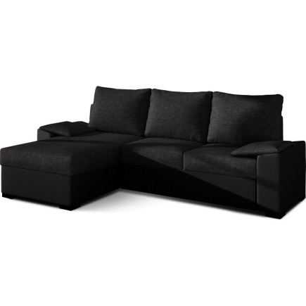 Canapé d'angle convertible, en tissu noir et simili noir - angle gauche (vu de face) - LUCAS