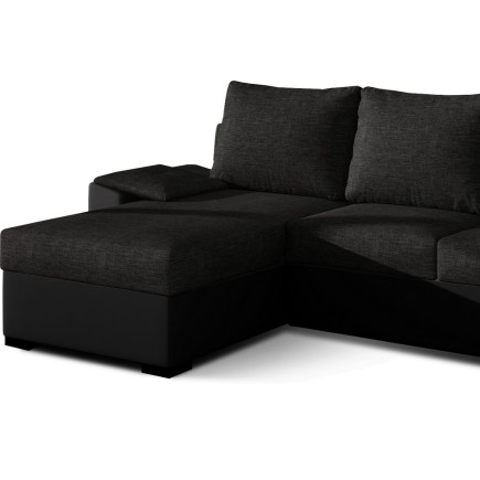 Canapé d'angle convertible, en tissu noir et simili noir - angle gauche (vu de face) - LUCAS, 4 places
