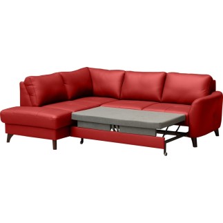 - Canapé d'angle convertible en cuir italien de luxe 5 places FIGARI avec coffre, rouge, angle gauche (vu de face)
