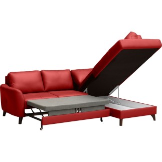 Canapé d'angle convertible en cuir italien de luxe 5 places - FIGARI- avec coffre, rouge, angle droit (vu de face)