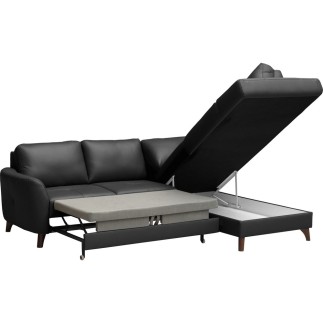 Canapé d'angle convertible en cuir italien de luxe 5 places FIGARI avec coffre, noir, angle droit (vu de face)