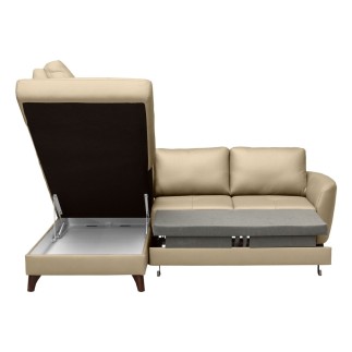 - Canapé d'angle convertible en cuir italien de luxe 5 places FIGARI avec coffre, beige, angle gauche (vu de face)