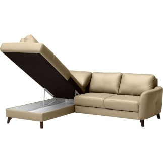 - Canapé d'angle convertible en cuir italien de luxe 5 places FIGARI avec coffre, beige, angle gauche (vu de face)