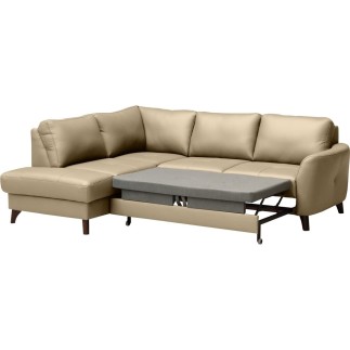 - Canapé d'angle convertible en cuir italien de luxe 5 places FIGARI avec coffre, beige, angle gauche (vu de face)