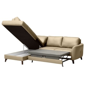 - Canapé d'angle convertible en cuir italien de luxe 5 places FIGARI avec coffre, beige, angle gauche (vu de face)