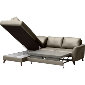 Canapé d'angle convertible en cuir italien de luxe 5 places FIGARI avec coffre, taupe, angle gauche (vu de face)