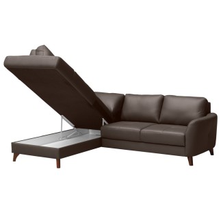 Canapé d'angle convertible en cuir italien de luxe 5 places FIGARI avec coffre, chocolat, angle gauche (vu de face)