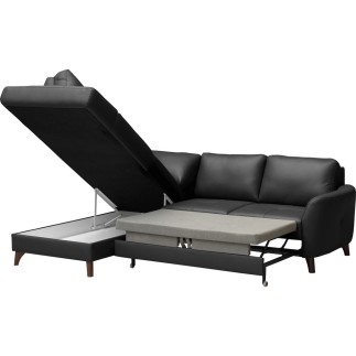 Canapé d'angle convertible en cuir italien de luxe 5 places FIGARI avec coffre, noir, angle gauche (vu de face)