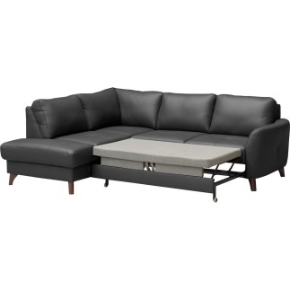 Canapé d'angle convertible en cuir italien de luxe 5 places FIGARI avec coffre, noir, angle gauche (vu de face)