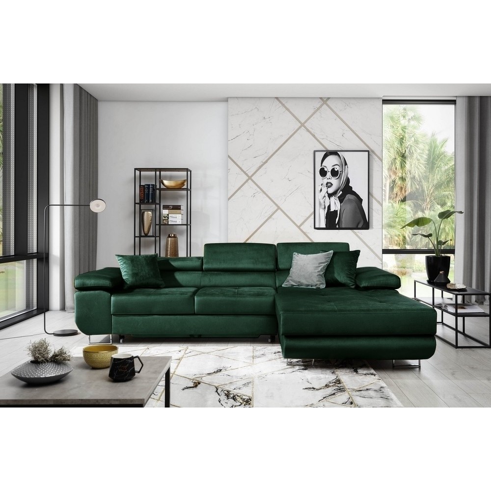 1er paiement de la commande: Canapé d'angle convertible armel en tissu luxe 5 places, couleur vert foncé, avec coffre, angle dro 1er paiement de la commande: Canapé d'angle convertible armel en tissu luxe 5 places, couleur vert foncé, avec coffre, angle dro