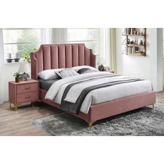 Lit double en tissu velours de qualité MONOTI, rose pale, avec sommier à lattes, 160x200