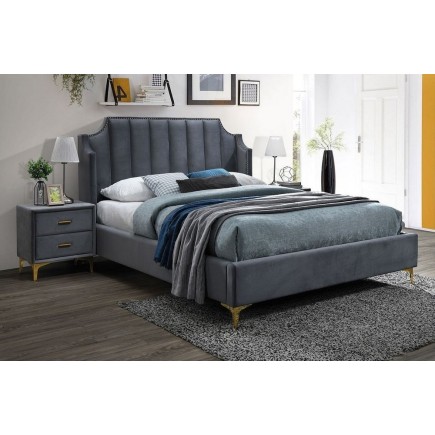 Lit double en tissu velours de qualité MONOTI, gris foncé, avec sommier à lattes, 160x200