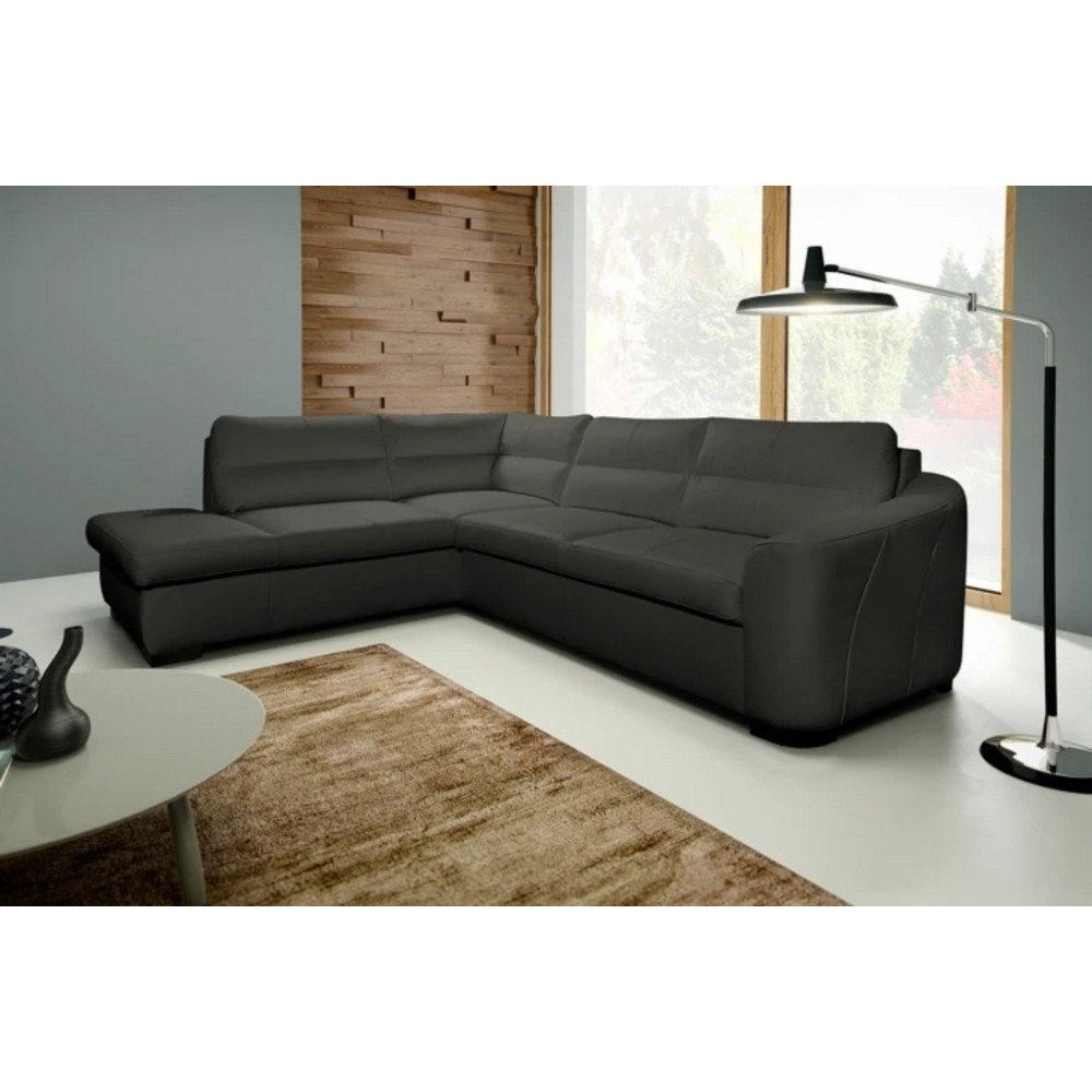 Canapé d'angle convertible en cuir italien de luxe 5 places RINALDI avec coffre, taupe, angle gauche (vu de face) Canapé d'angle convertible en cuir italien de luxe 5 places RINALDI avec coffre, taupe, angle gauche (vu de face)