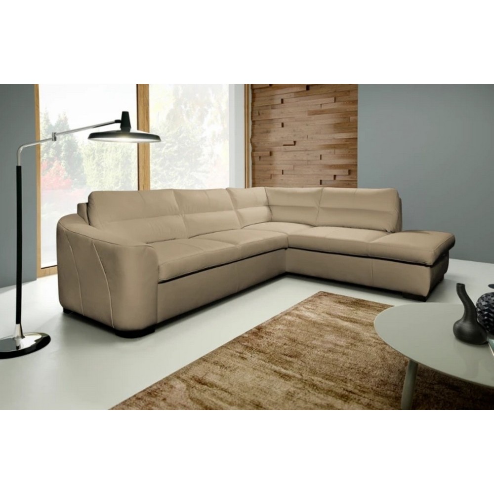Canapé d'angle convertible en cuir italien de luxe 5 places RINALDI avec coffre, beige, angle droit (vu de face) Canapé d'angle convertible en cuir italien de luxe 5 places RINALDI avec coffre, beige, angle droit (vu de face)