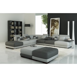 Canapé d'angle en cuir italien 6/7 places PETIT ELIXIR, gris clair et gris foncé, angle gauche, POUF INCLUS