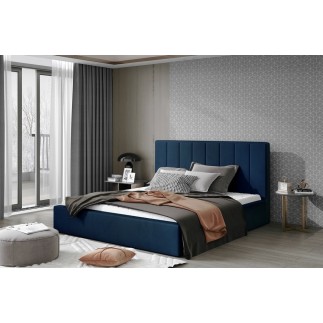 Lit double en tissu velours de qualité luxe, AUDE, bleu, 140x200