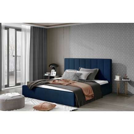 Lit double en tissu velours de qualité luxe, AUDE, bleu, 160x200