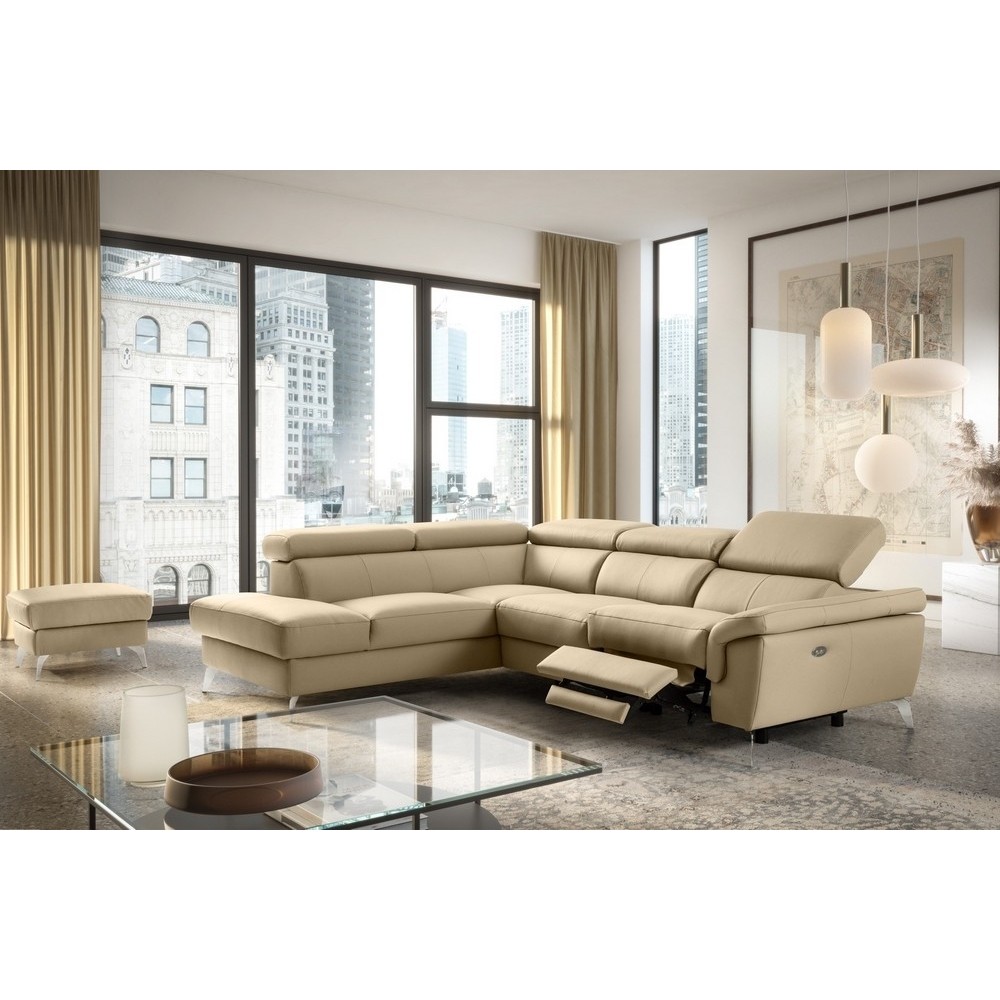 Canapé d'angle relax en 100% tout cuir de luxe italien avec relax électrique et coffre -, 5/6 places SORENTO, beige, angle gauch Canapé d'angle relax en 100% tout cuir de luxe italien avec relax électrique et coffre -, 5/6 places SORENTO, beige, angle gauch