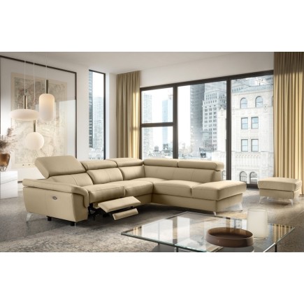 Canapé d'angle relax en 100% tout cuir de luxe italien avec relax électrique et coffre, 5/6 places SORENTO, beige, angle droit (