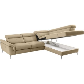 Canapé d'angle relax en 100% tout cuir de luxe italien avec relax électrique et coffre, 5/6 places SORENTO, beige, angle droit (