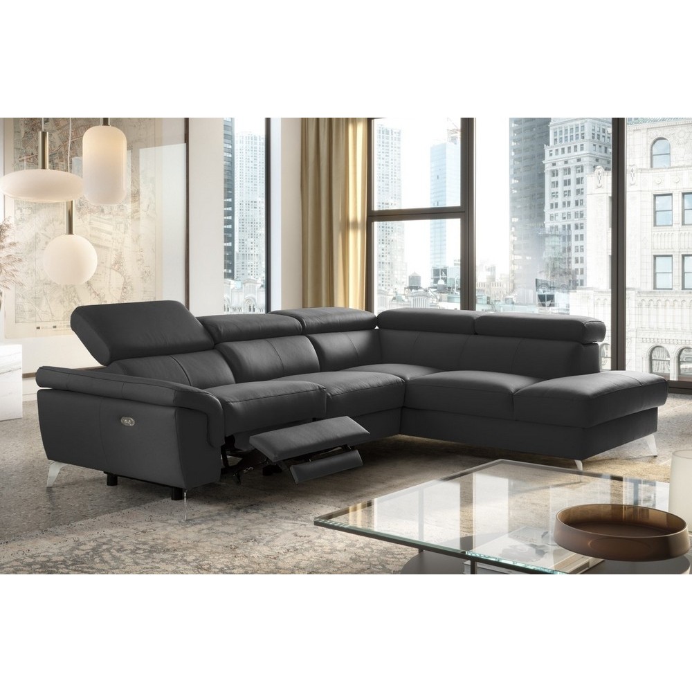 Canapé d'angle relax en 100% tout cuir de luxe italien avec relax électrique et coffre, 5/6 places SORENTO, noir, angle droit (v Canapé d'angle relax en 100% tout cuir de luxe italien avec relax électrique et coffre, 5/6 places SORENTO, noir, angle droit (v