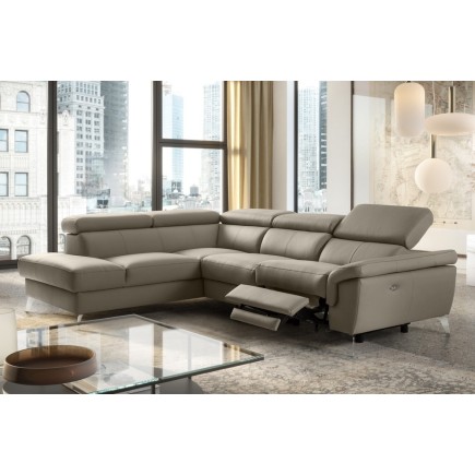 Canapé d'angle relax en 100% tout cuir de luxe italien avec relax électrique et coffre -, 5/6 places SORENTO, taupe, angle gauch