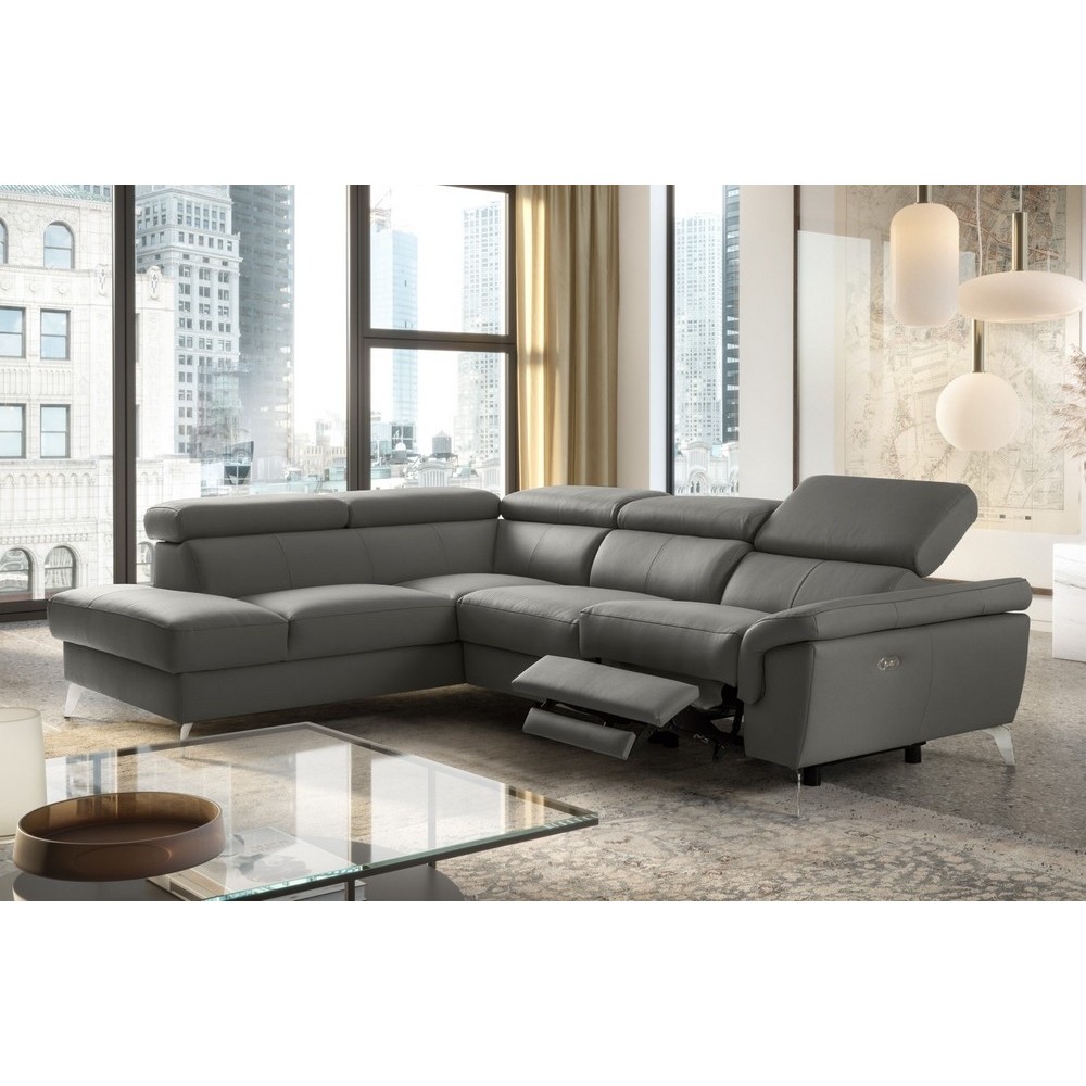 Canapé d'angle relax en 100% tout cuir de luxe italien avec relax électrique et coffre -, 5/6 places SORENTO, gris foncé, angle Canapé d'angle relax en 100% tout cuir de luxe italien avec relax électrique et coffre -, 5/6 places SORENTO, gris foncé, angle