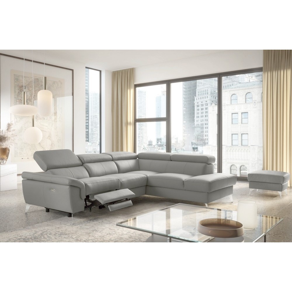 Canapé d'angle relax en 100% tout cuir de luxe italien avec relax électrique et coffre, 5/6 places SORENTO, gris clair, angle dr Canapé d'angle relax en 100% tout cuir de luxe italien avec relax électrique et coffre, 5/6 places SORENTO, gris clair, angle dr