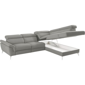 Canapé d'angle relax en 100% tout cuir de luxe italien avec relax électrique et coffre, 5/6 places SORENTO, gris clair, angle dr