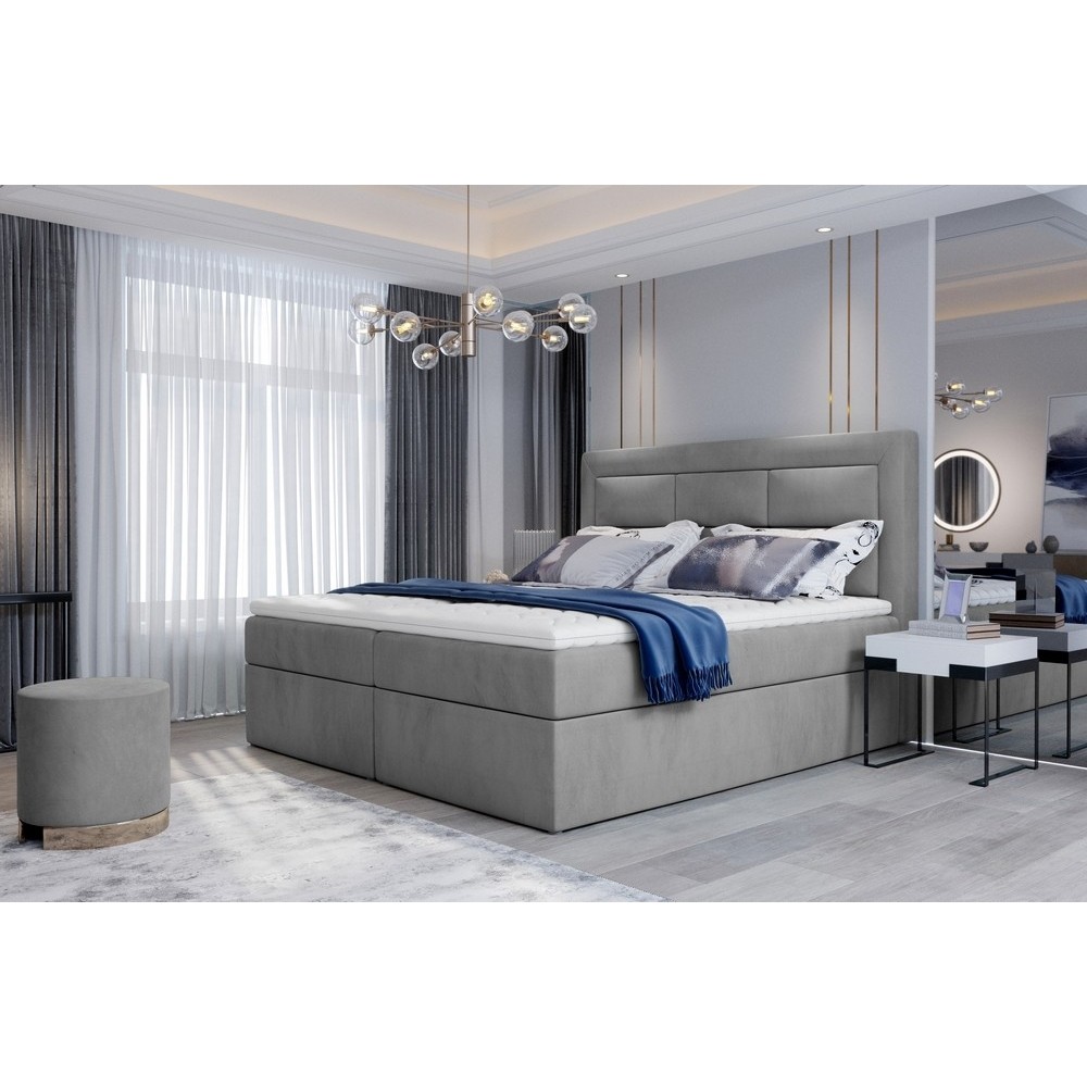 Ensemble boxspring complet tête de lit + sommiers + matelas + surmatelas VISTA VELOURS de VENESETTI - tissu velours luxe gris - Ensemble boxspring complet tête de lit + sommiers + matelas + surmatelas VISTA VELOURS de VENESETTI - tissu velours luxe gris -