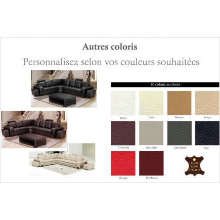 Canapé d'angle en cuir italien 7 places EVITA, couleur personnalisée