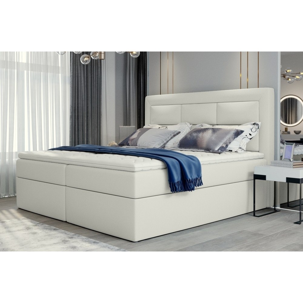 Ensemble boxspring complet tête de lit + sommiers + matelas + surmatelas VISTA de VENESETTI - simili cuir ivoire - 140 x 200 cm, Ensemble boxspring complet tête de lit + sommiers + matelas + surmatelas VISTA de VENESETTI - simili cuir ivoire - 140 x 200 cm,