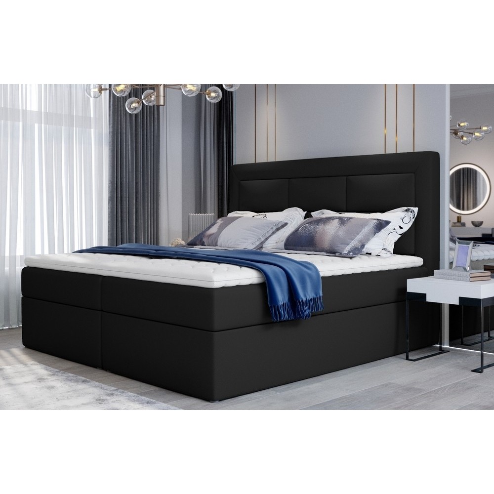 Ensemble boxspring complet tête de lit + sommiers + matelas + surmatelas VISTA de VENESETTI - simili cuir noir - 160 x 200 cm, 1 Ensemble boxspring complet tête de lit + sommiers + matelas + surmatelas VISTA de VENESETTI - simili cuir noir - 160 x 200 cm, 1