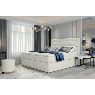 Ensemble boxspring complet tête de lit + sommiers + matelas + surmatelas VISTA de VENESETTI - simili cuir ivoire - 180 x 200 cm