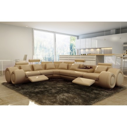 - Canapé d'angle en cuir italien 7 places EXCELIA, beige.