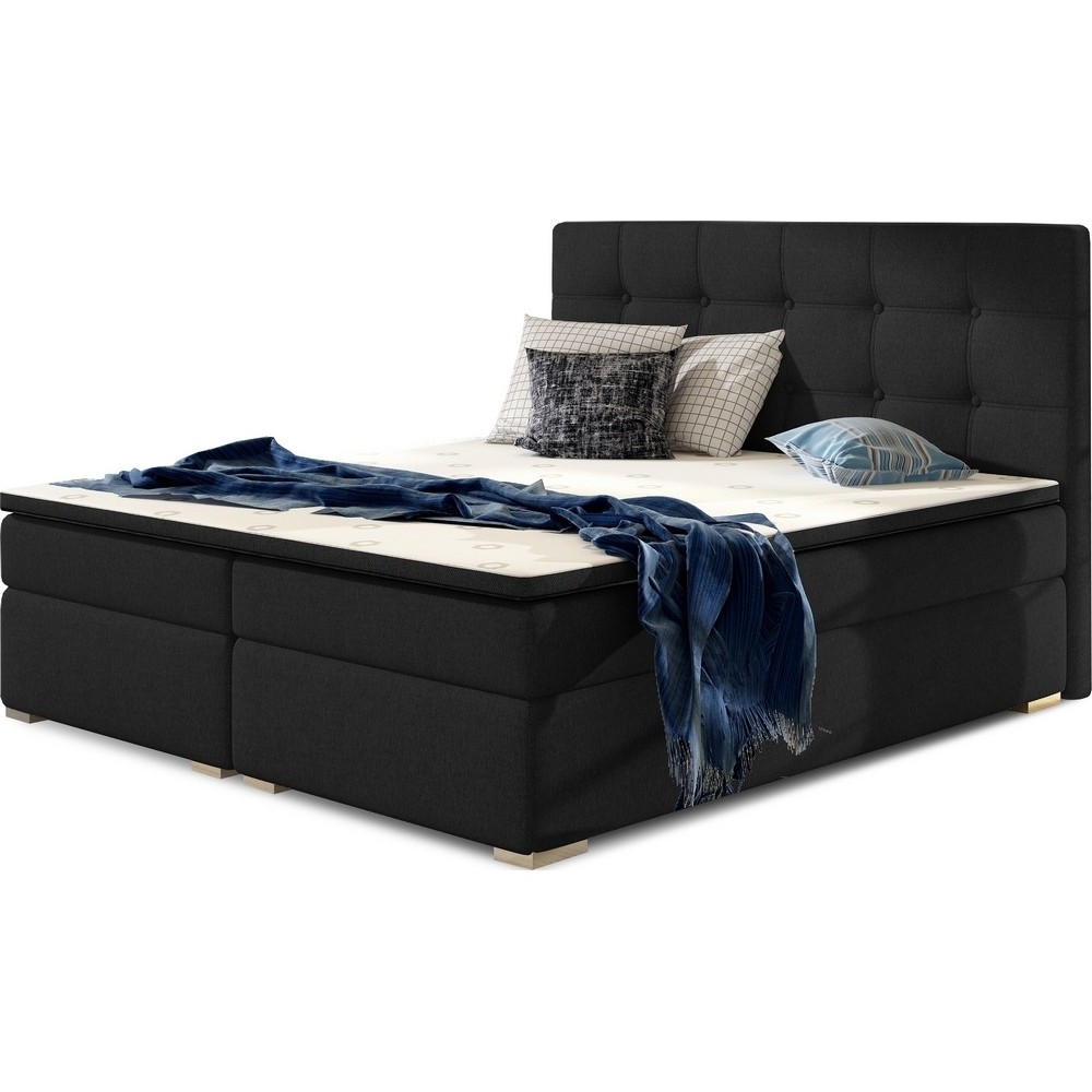 Ensemble boxspring complet tête de lit + sommiers + matelas + surmatelas INAYA de VENESETTI - tissu luxe noir - 160x200 cm Ensemble boxspring complet tête de lit + sommiers + matelas + surmatelas INAYA de VENESETTI - tissu luxe noir - 160x200 cm