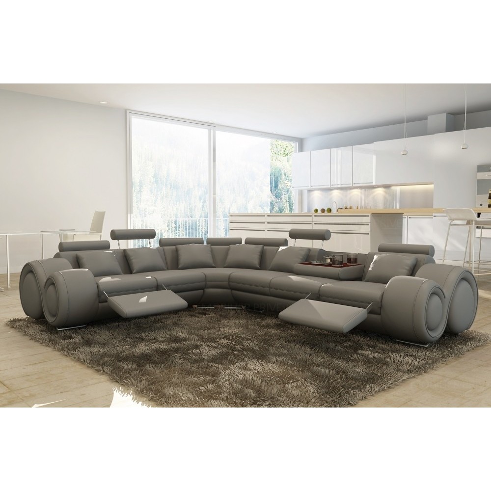 Canapé d'angle en cuir italien 7 places EXCELIA, gris clair, angle gauche Canapé d'angle en cuir italien 7 places EXCELIA, gris clair, angle gauche